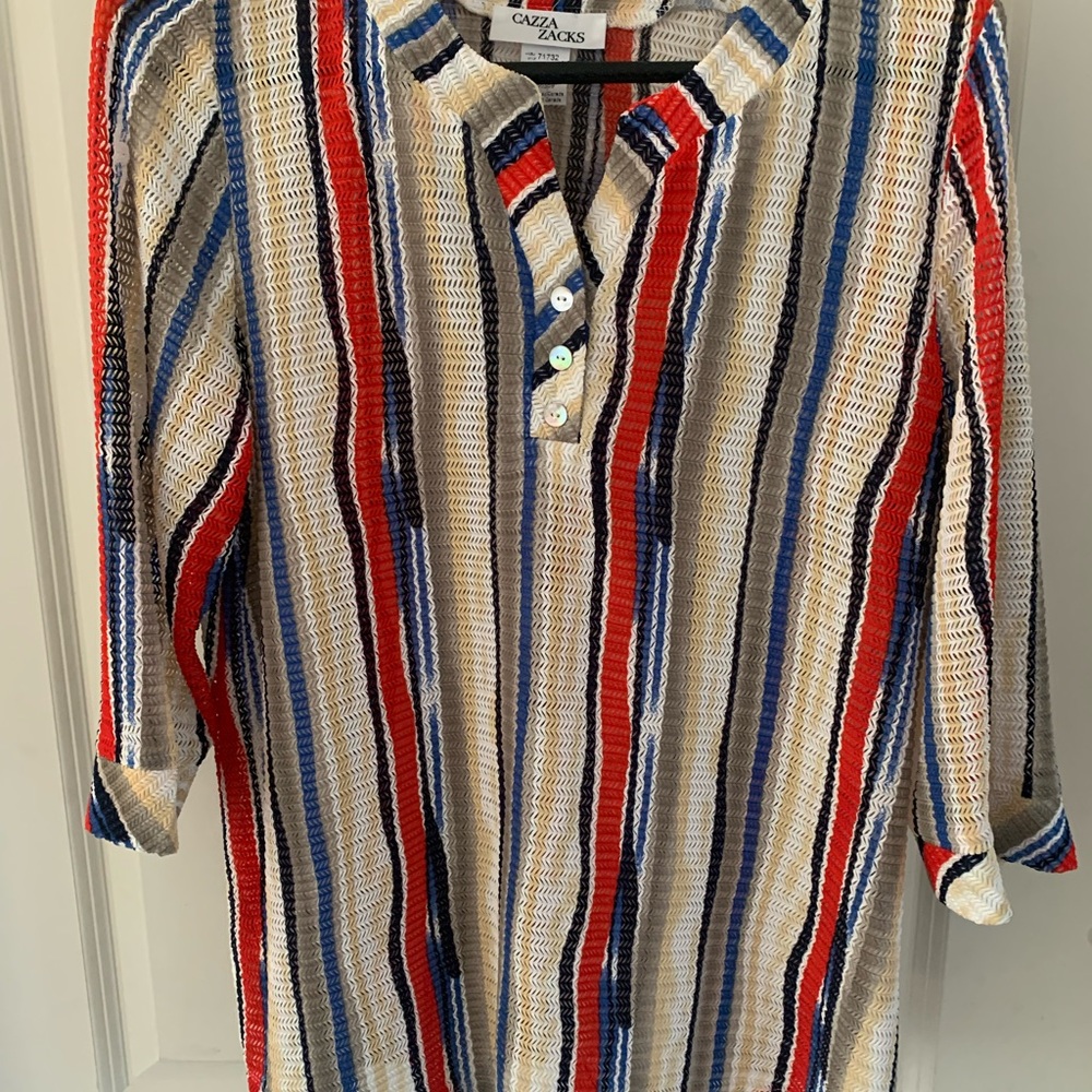Colorful Striped Button-Up Top swim cover up mesh A4